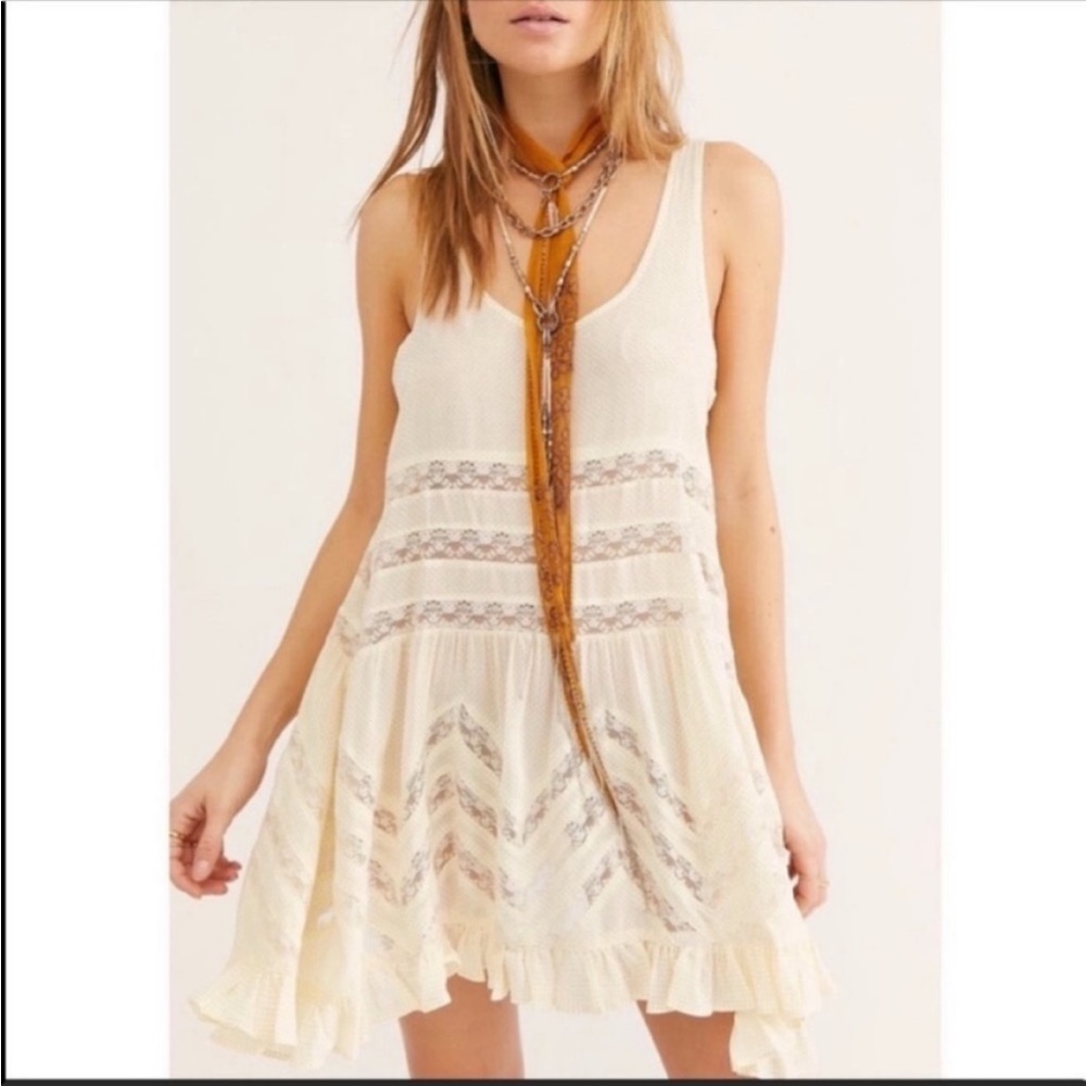 Free People Voile and Lace Trapeze Slip Dress in White Combo NWT